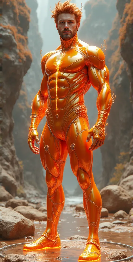 Full body photorealistic handsome hunky fractal masculine copper hair Gaio ,wearing a orange with gold  transparent crystal chrome glass trimmings super suit , look at camera, detailed face parts, with majestic fite surge as background, Freestyle Pose, Hap...