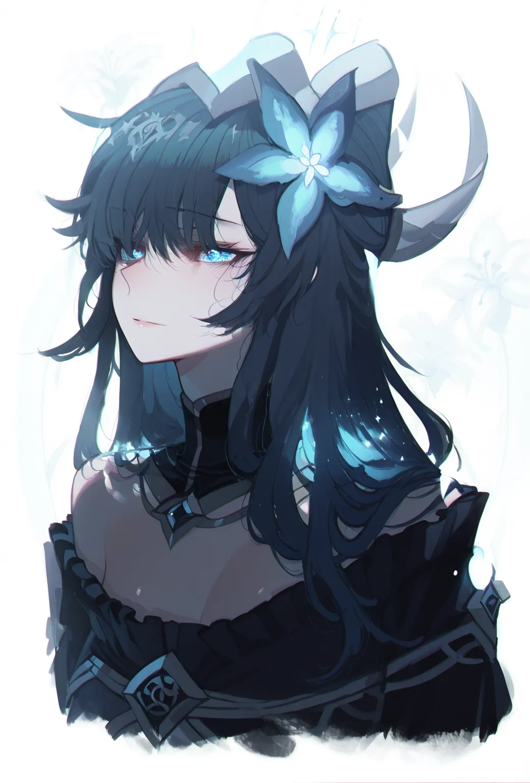 Young anime-style girl with long dark hair (bluish black or navy blue), combed to the side.
It wears an ornament in the shape of a flower or luminous blue star on the side of the hair, that seem to emit a soft glow.
Look slightly to the side, with a calm e...