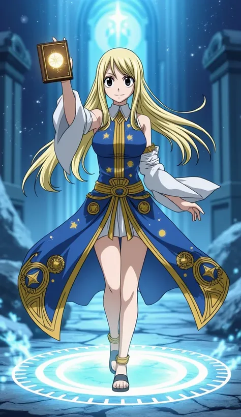 (masterpiece, best quality, ultra-detailed, 8K, cinematic lighting, highly detailed, fantasy setting, full-body shot, Fairy Tail anime style)  
Lucy Heartfilia reimagined as a **Final Fantasy Summoner**, standing in a **dynamic battle-ready pose**, prepare...