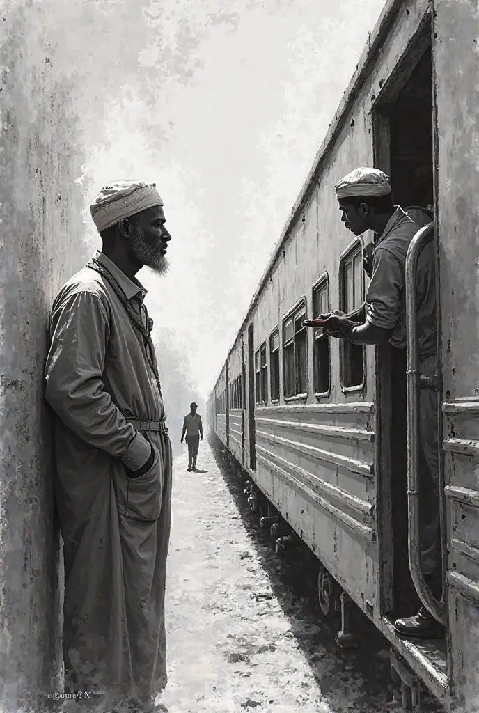 He drew it about a father and son in 1950 in Egypt at a train station. The picture is painted in black and white. It is painted by Father Sheikh and his son speaks from the train window. The father is the one on the train and life is white 