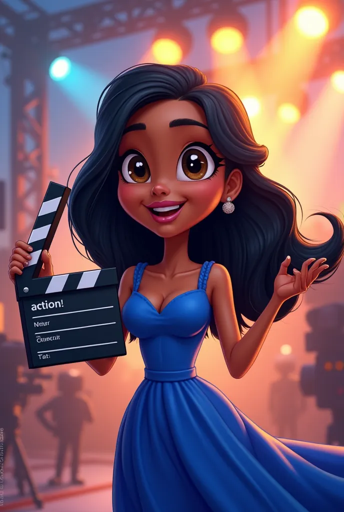 “Create a vibrant and expressive cartoon-style female character with deep, rich dark skin, long and sleek black hair, and big, dark eyes full of determination. She should have a confident and excited expression as she holds a classic black-and-white clappe...