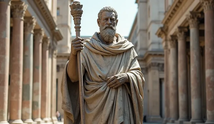 "A stone statue of a bearded Stoic philosopher standing in a grand Roman forum, holding a staff, with a serious and wise expression."