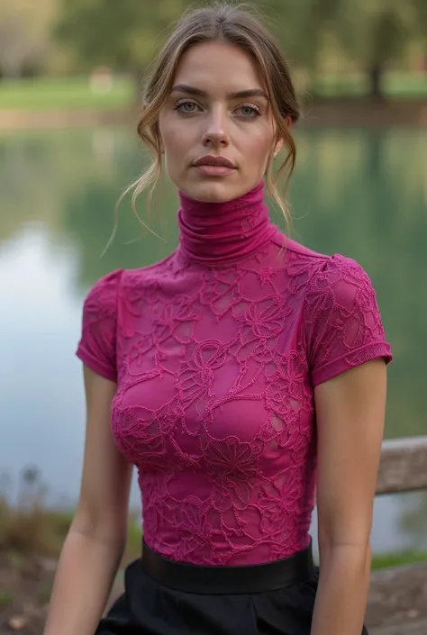 A beautiful woman with an extremely long neck. She wears a short-sleeved fuchsia turtleneck made of satin lace details, of a color that highlights her figure. The collar of the garment is high and tight, remaining completely attached to her skin, creating ...