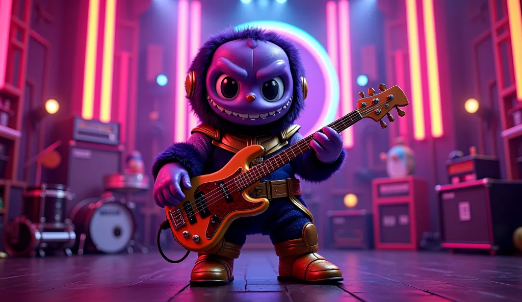 [Prompt: Labubu Cute wearing a Thanos costume, rocking a deep, resonant bass guitar with fierce intensity, in an ultra-modern studio setting with vibrant neon accents and dynamic stage lighting, Labubu Style]
