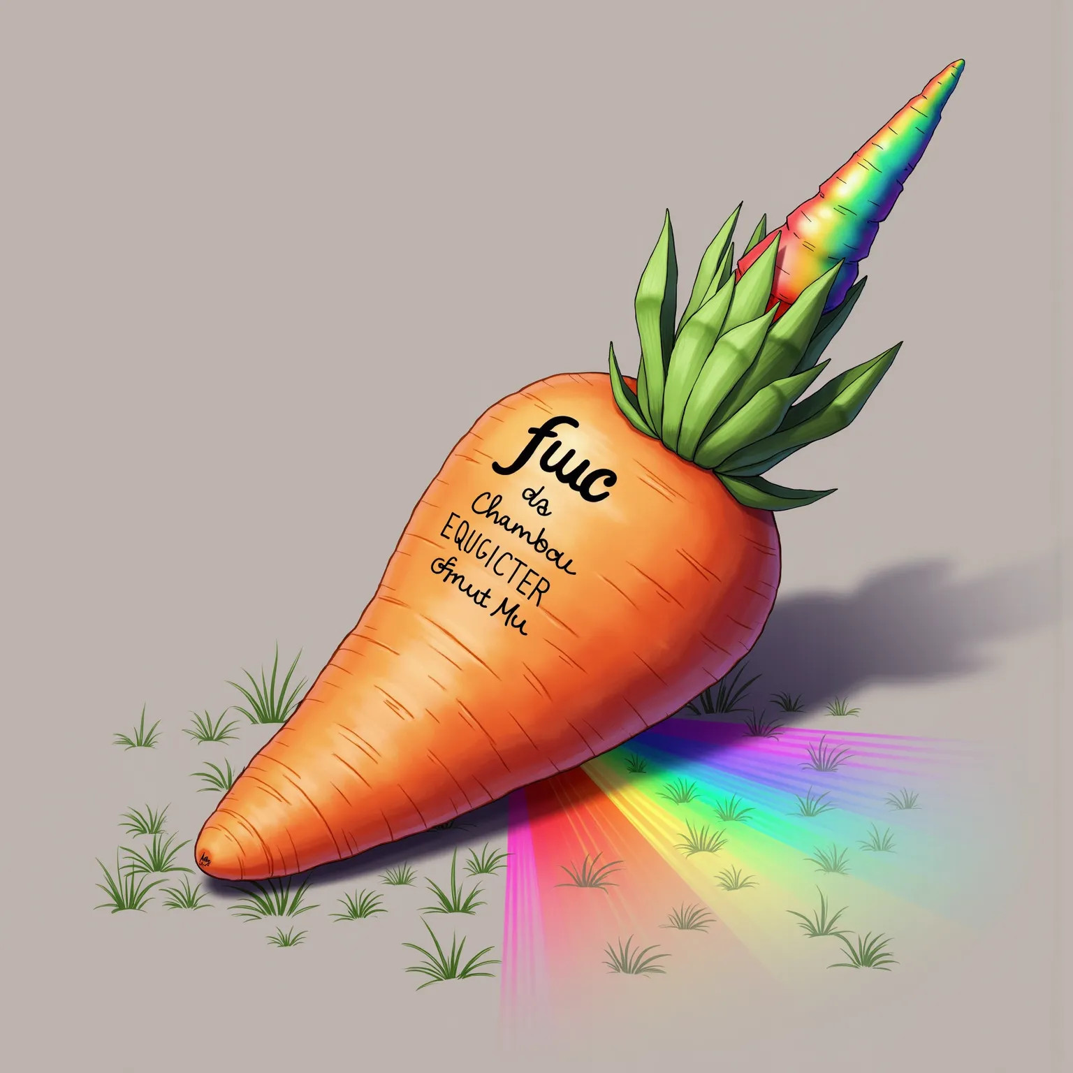 A real Carrot with a Rainbow going out from downside and a Rainbow horn on a top , high resolution , masterpiece , atypical font inscription "FUC"