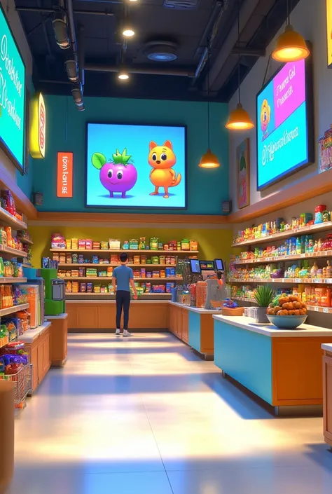 A high-quality CGI render of a **bright, colorful supermarket interior**, designed with a **blue and yellow brand color scheme**. The shelves are neatly stocked with **adorable oversized grocery products** in **matching blue and yellow packaging**, featuri...