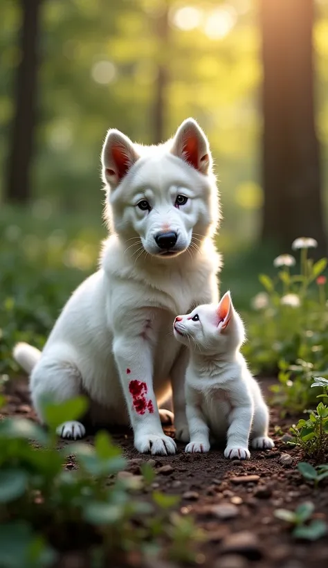 White Swiss shepherd puppy in the middle of a dense forest with a small white kitten and a puppy all bruised with wounds in red blood and bandaged on some parts of the kitten's little body. Is the environment illuminated during the day, the 2 animals then ...