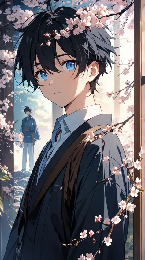 Male Anime Characters, Black Hair, Blue, Blue Eyes, Mixed Light Blue, Wearing School Male School Uniform.black Japanese tip standing alone ,Cherry tree added background