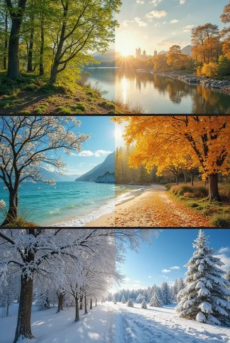 Show the transformation of the landscape over the four seasons (Spring, Summer, Fall, Winter).

You can combine shots of green trees in spring, sunny beaches in summer, yellow leaves in autumn, then snow in winter.
