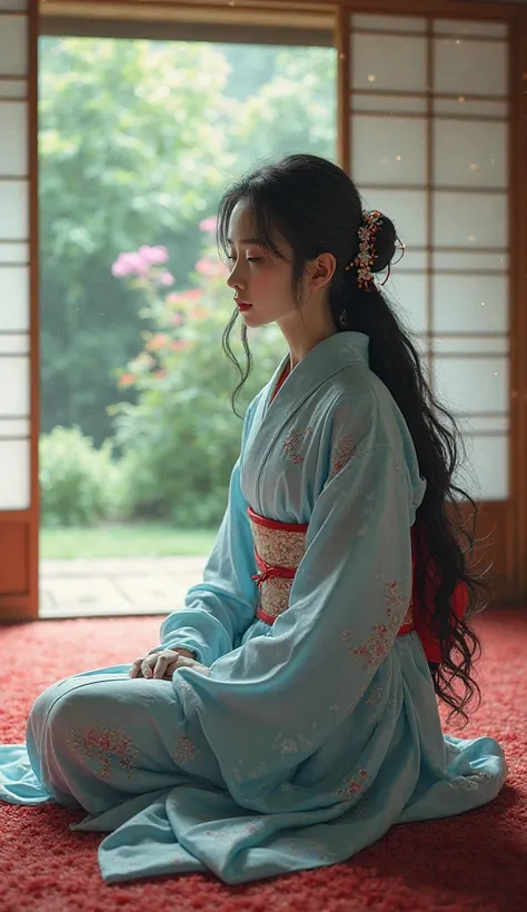  Fantastic　realistic footage　Japanese House　Tatami room　Red carpet　cute Japanese in a light blue kimono２０A girl about the age of black hair　hair ornaments close to the garden　I can see faces