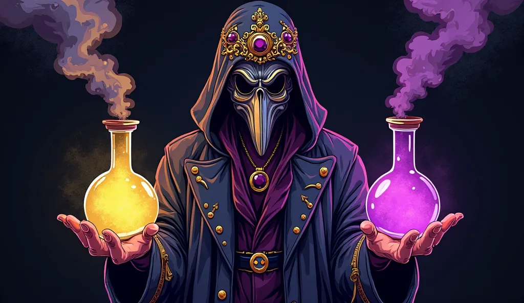 Create a digital drawing-style illustration of a plague doctor in an impressive head-on pose, portrayed from the waist up against a deep black background. The doctor must wear an ornate plague mask, with intricate gold and purple details.  on both hands , ...