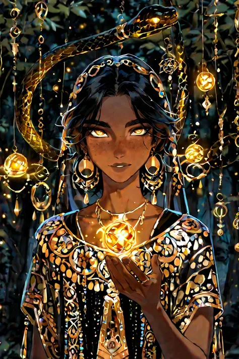 man, thin, adult, commodity,  short black hair , golden snake-like eyes and dark skin, androgynous face with freckles on the cheeks. In the dark forest illuminated by the stars in the sky. Several dark magic spheres floating around him. Dressed in traditio...