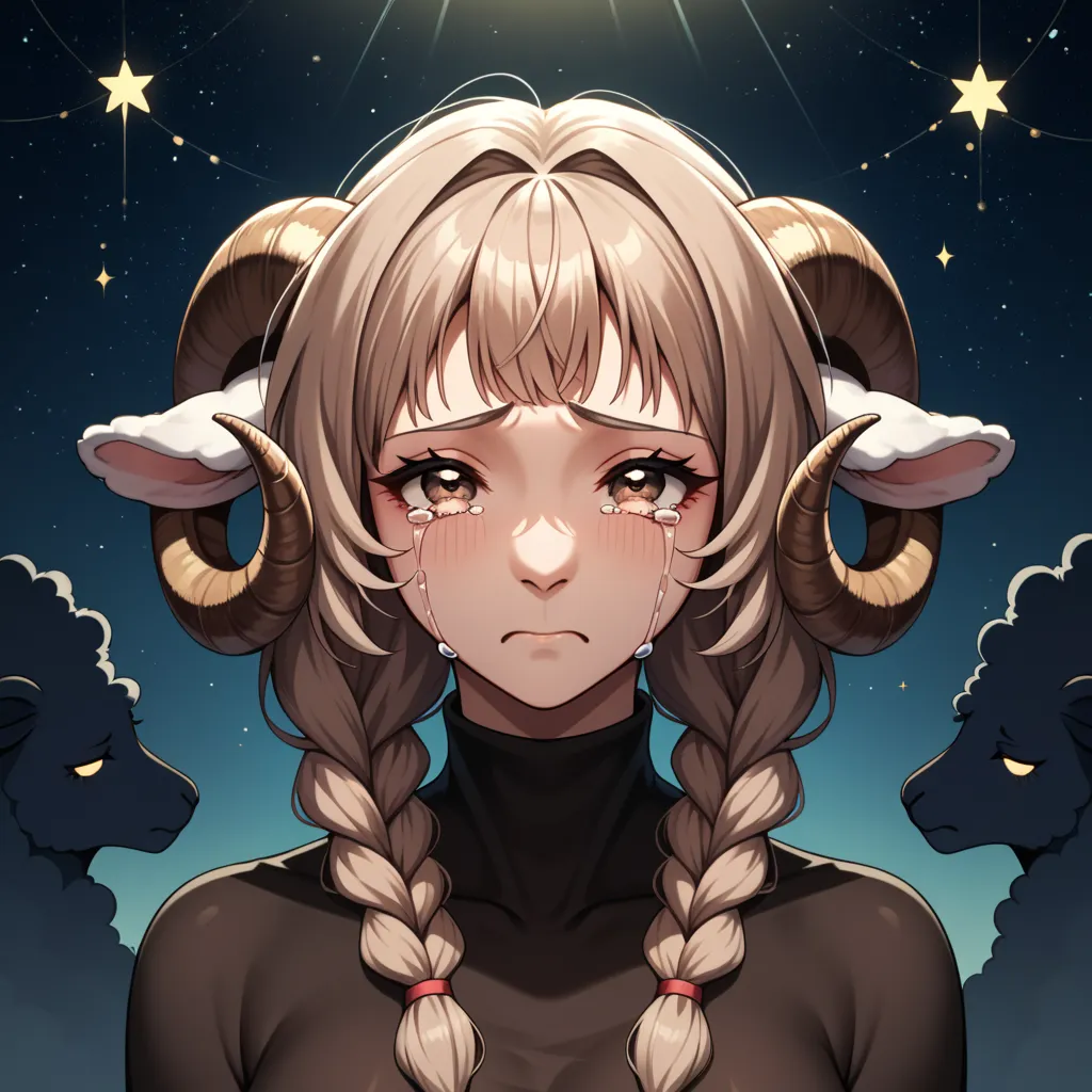 (Alone) hairy female antro sheep,  hair braids , cabelo black locs, Franja Reta, pigtail braids, full strip, hair covering the sides of the face, fluffy furry sheep, brown sheep skin,  big horns , big boobs, light brown eyes, big eyelashes,  sheep ears, fl...