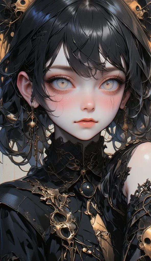 High Quality Textures { x}  beautiful and delicate eyes、high image quality、top quality、exhaustive、 Tim Burton style、It depicts a young woman、  gothic costume 、 cute、 anime style、