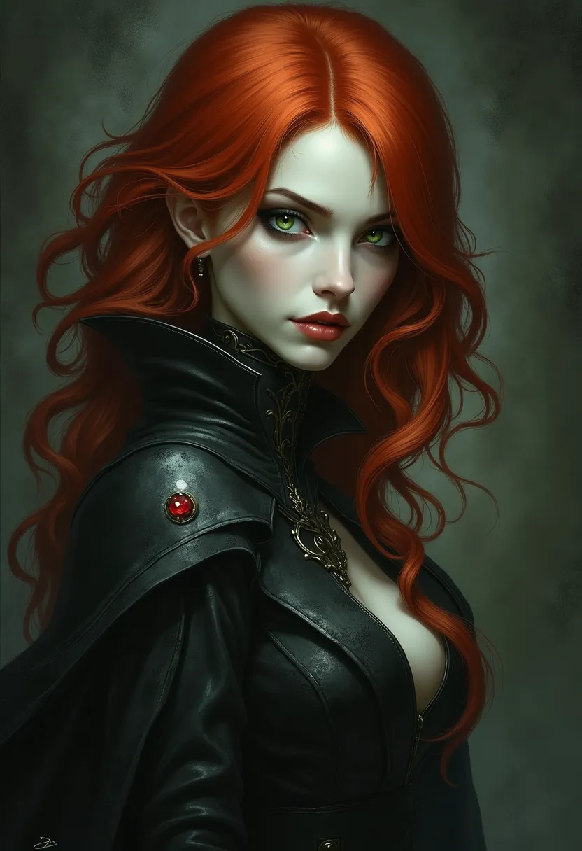 portrait, red-haired, witch, dressed in dark robes, green eyes, black background, Slim build,