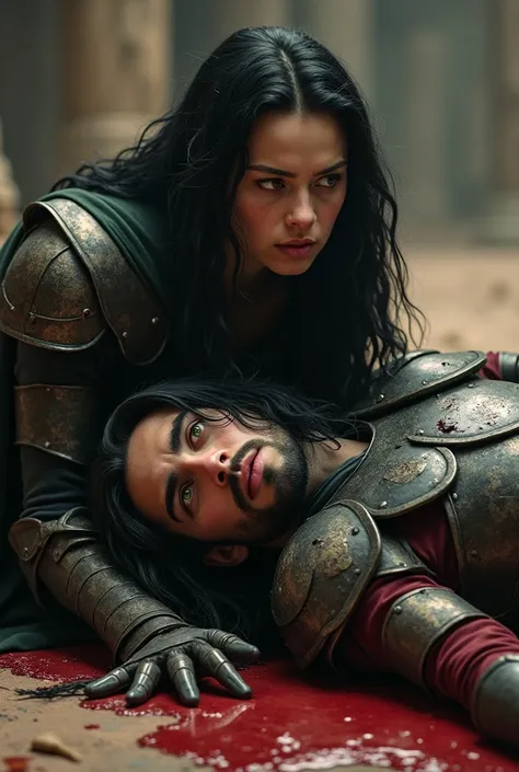  Darius with his black hair and green eyes was lying on the arena floor,  bleeding, with Selene with her long hair and yellow eyes at her side,  worried . The scene captures the intensity of the moment and the weight of the battle, the two wearing battle c...