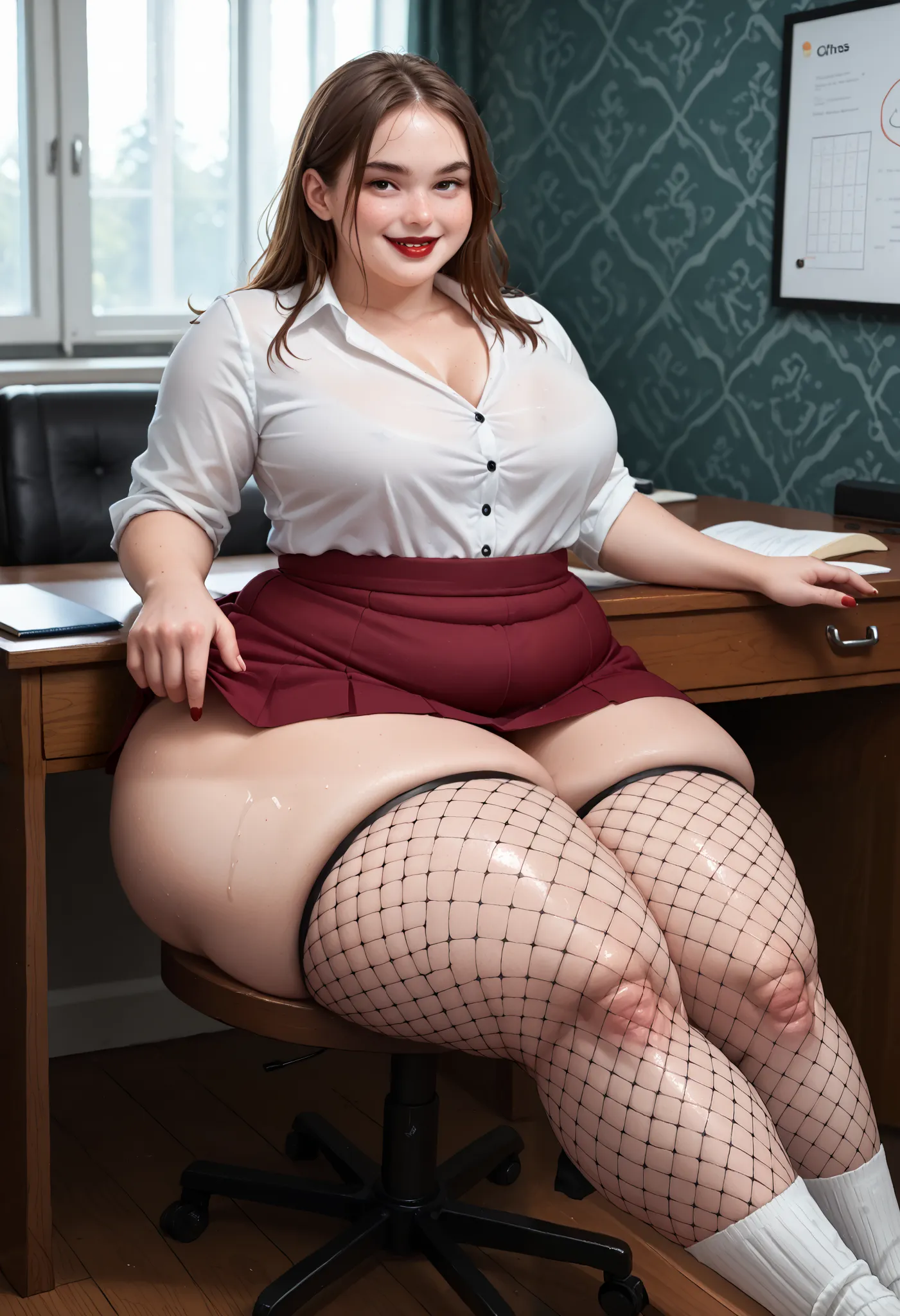 , vampire girl, black stringy hair with beautiful skin, (moist red lips), pale skin, detailed background, detailed face (masterpiece, high quality:1), , fishnet leggings, , () (skindentation) wide hips, Sitting at a desk in a chair, Take a look at us, lewd...