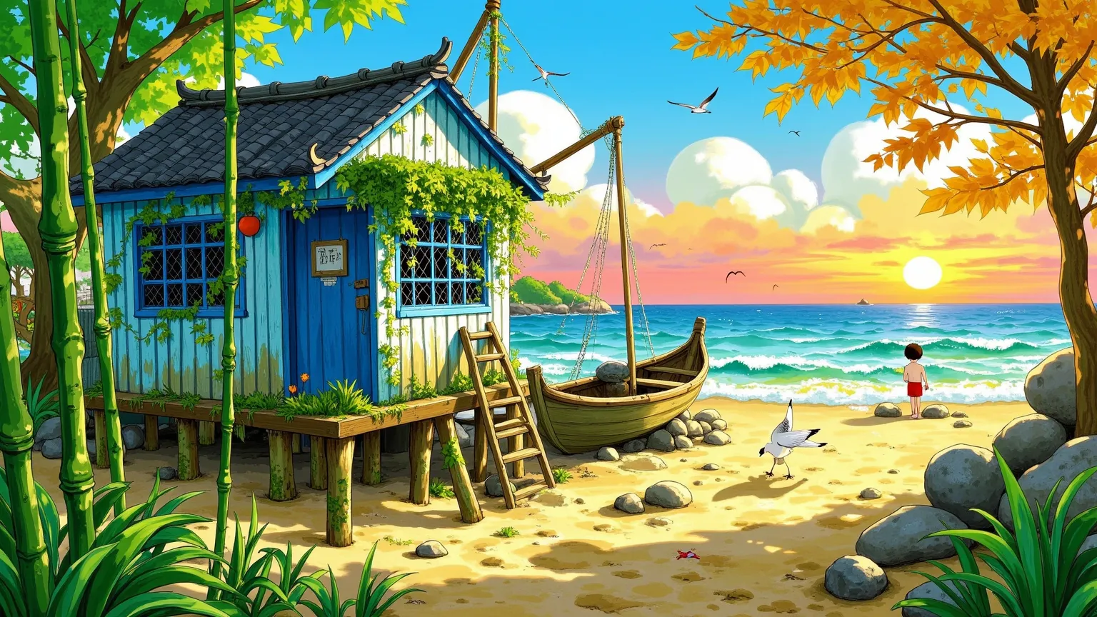 New Gongbi，Cartoon illustration，Picture Books，Hayao Miyazaki，Nostalgia，Surrounded by vegetation，Lush ，Blue and white wooden house covered with vines stands beside a reef，Faded fishing nets hang bamboo poles，Seashell wind chimes softly in the salty sea bree...