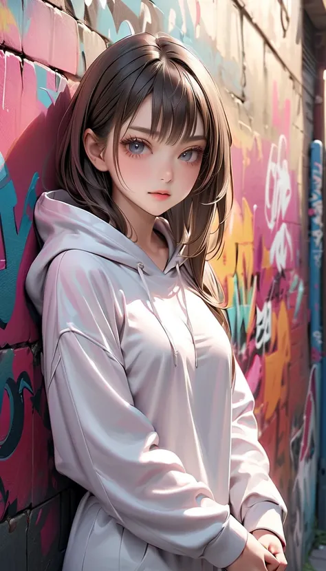  real 、 Hair、20 years old、(Highest quality), 4K, Hi-Res, masterpiece)、  ( small face:1.8, ),  beautiful eyes、Delicate eyebrows, Delicate eyelashes, Hoodie dress、Niso、In front of a graffitied wall、high image quality、Highest quality、 realistic