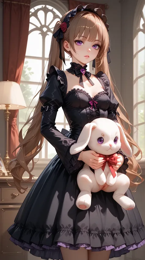 1 girl、masterpiece、Highest quality、 uncensored、Reddish brown hair、long hair、twin tails from above、gothic lolita、purple eyes、Nighttime room、 small tits、Nipples、hold a stuffed rabbit