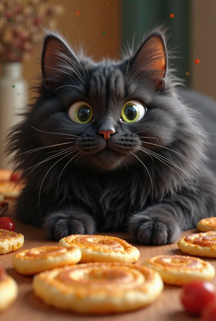 "Hyperrealistic image of a singing black cat on Shrovetide. The cat is lying horizontally on the kitchen table, completely covered with long, ruffled fluffy hair that sticks out in all directions, creating a 'fluffy ball' effect. His large, round eyes with...