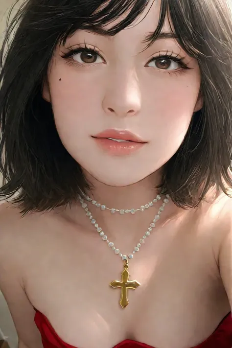 A close-up selfie of a young woman with a bob cut, wearing a red strapless top and a rosary necklace with a cross pendant. the woman, who appears to be in her early twenties, is positioned in the middle of the image, looking directly at the camera with a n...