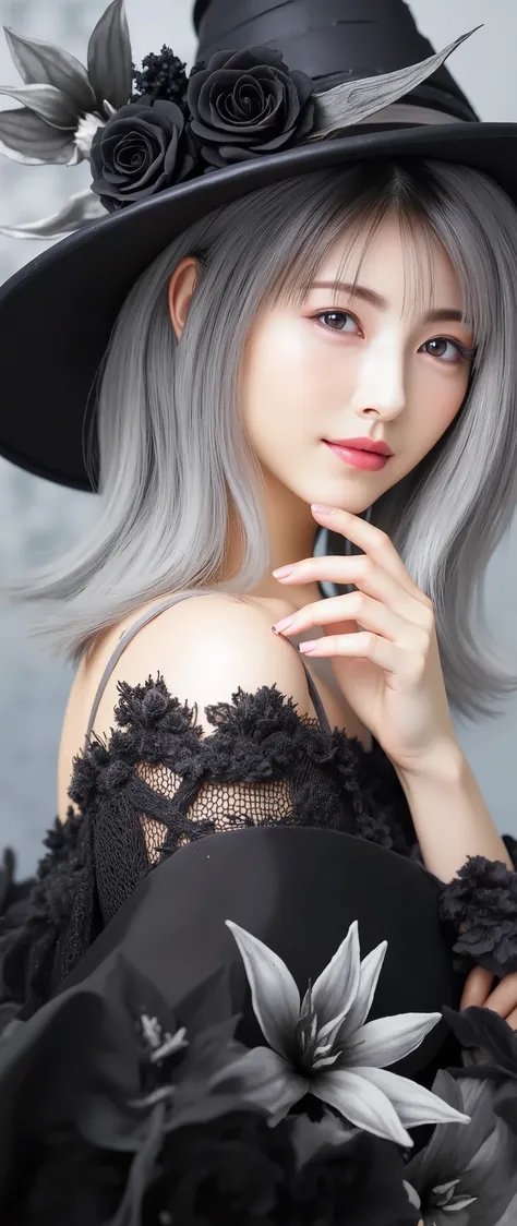 Tall, photorealistic images of beautiful East Asian young women , Flowing Silver Hair , She wears a large black witch hat adorned with black roses . She wears a black off-shoulder costume with lace embellishments , give her an elegant and mystical vi...