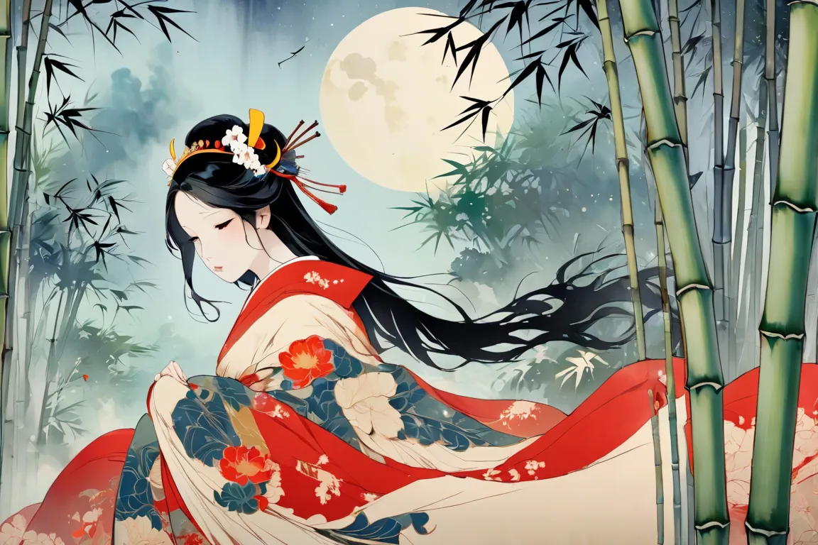 ukiyo-e,  Princess Kaguya looks up sadly at the moon in the bamboo grove、Ultra High Definition, high quality, high definition model, 