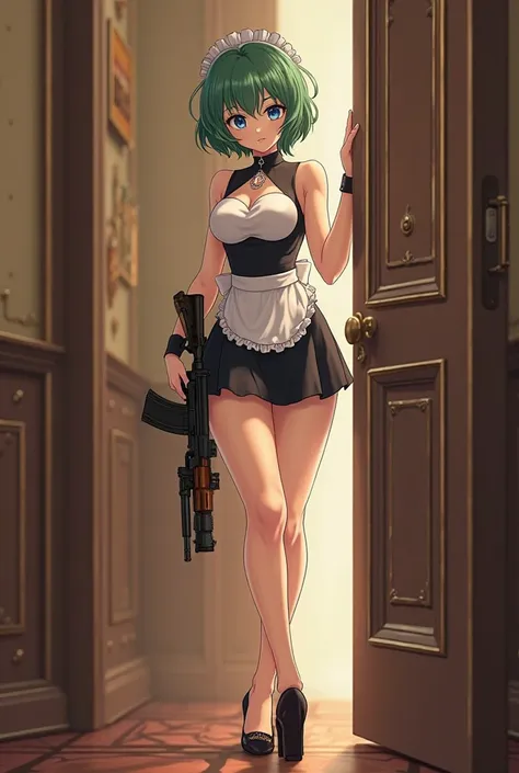 anime girl, dragon ball Bulma, masterpiece, high quality, high resolution, photorealistic, high resolution, RAW photo, (maid costume standing in the hallway of a luxurious mansion), ((1 girl, young woman hiding in the corner of the hallway, detailed face a...