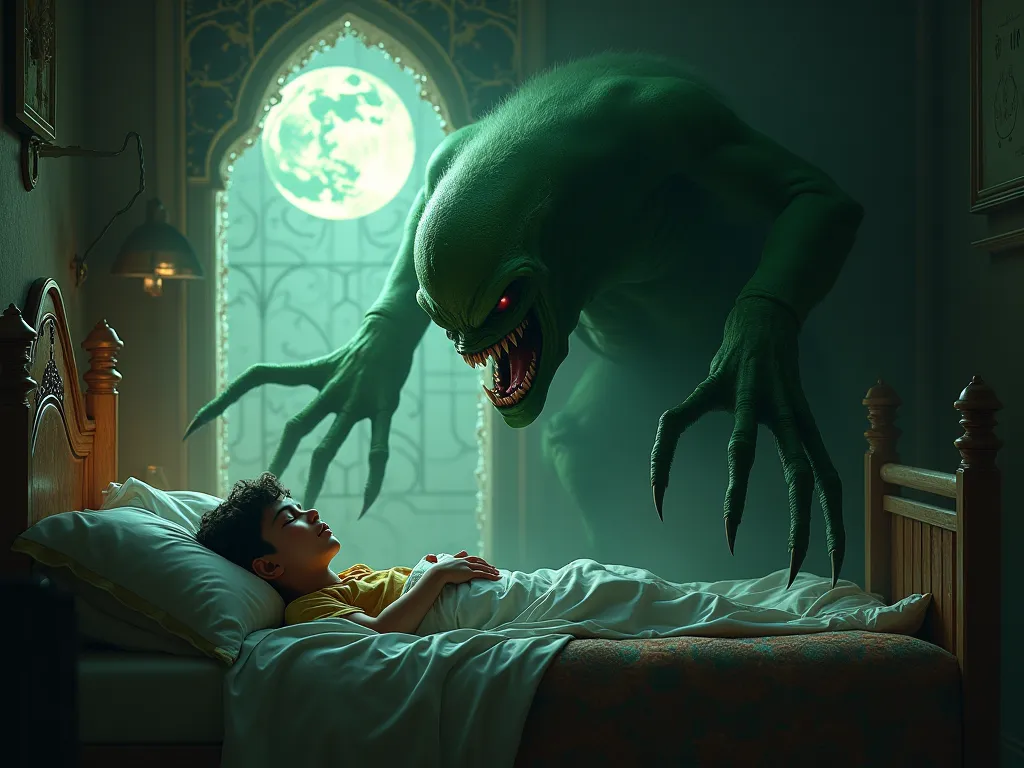 A tranquil ren's bedroom at night, illuminated by the bright full moon shining through an arabic window. A sinister green night hag, clawed, prepares to pounce on the unsuspecting sleeping boy.