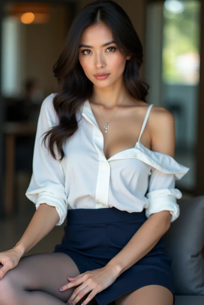 A full-body portrait. A stunning Thai office woman exudes confidence and sophistication in her fitted navy mini pencil skirt and crisp white blouse, unbuttoned at the top to show hear beautiful cleavage.  The blouse is off her left shoulder showing her whi...