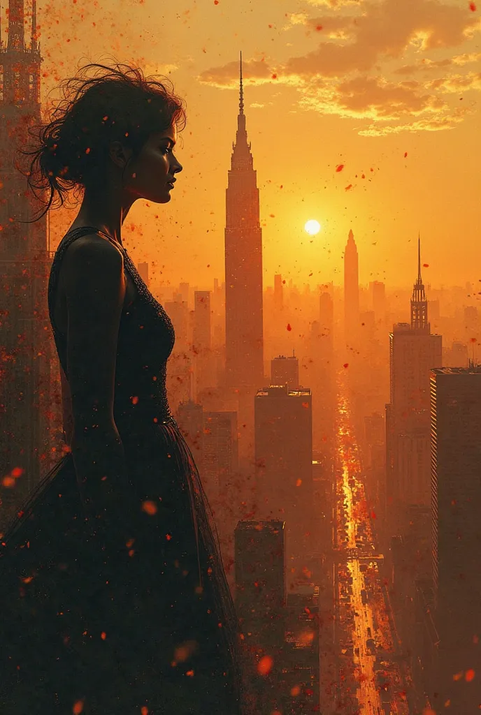 A captivating piece of conceptual digital art features a shadowy silhouette of a woman that blends seamlessly into the intricate urban landscape. The urban landscape features skyscrapers, buildings and towers, exhibiting a subtle decadence that enhances it...