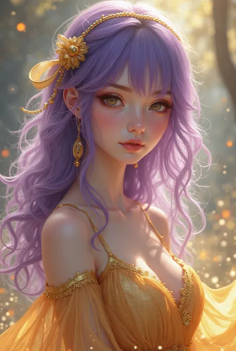 Girl with purple hair, golden skirt, golden hair ribbon, white skin