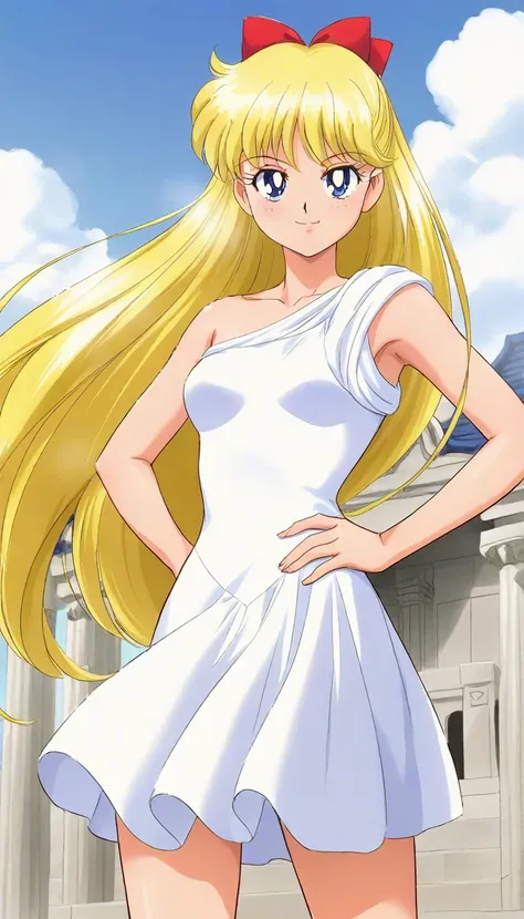 masterpiece,best quality,amazing quality, ainominako, 1girl,solo, blonde hair,long hair,bangs,red hair bow, blue eyes, looking at viewer,smile, closed mouth, bare shoulders, smile, sleeveless dress, one shoulder dress, white dress, greek white dress, godde...