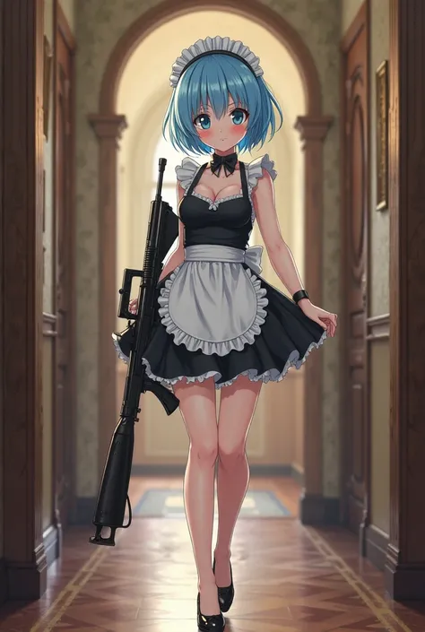 Anime girl, Bulma from Dragon Ball, masterpiece, high quality, high resolution, photorealistic, high resolution, RAW photo, (maid costume standing in the hallway of a luxurious mansion), ((a young, young woman hiding in the corner of the hallway, with shor...