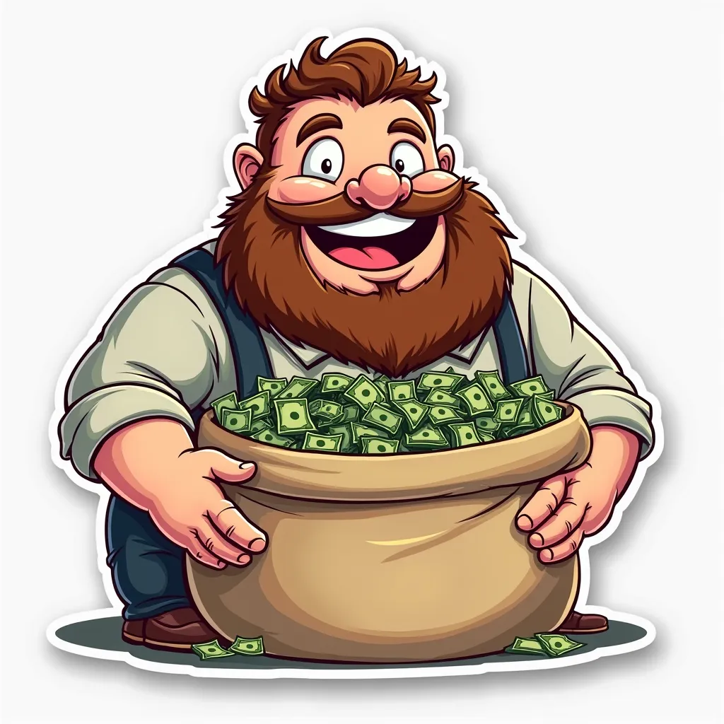 sticker,  cartoon style. A fat man with a beard holds a bag of money 