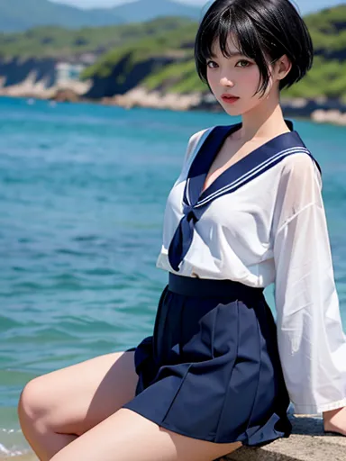 Black Hair Shortcut。blue sailor suit。blue skirt。