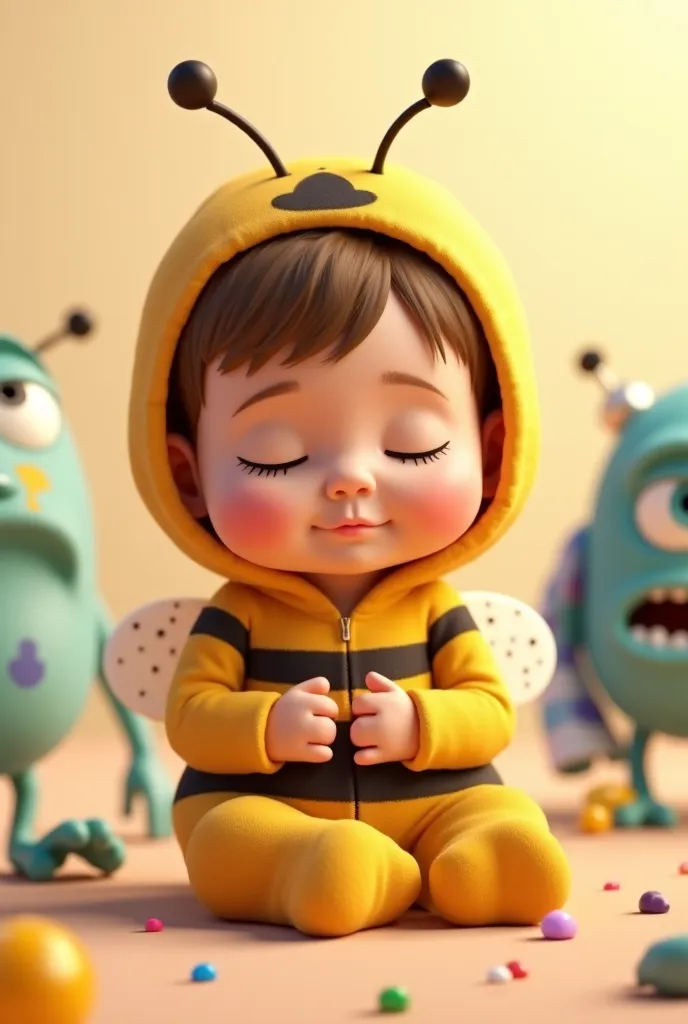 Create an image of a 9-month-old baby sitting with eyes closed white light brown hair wearing a bee costume in the Disney Pixar animated style Monster S a