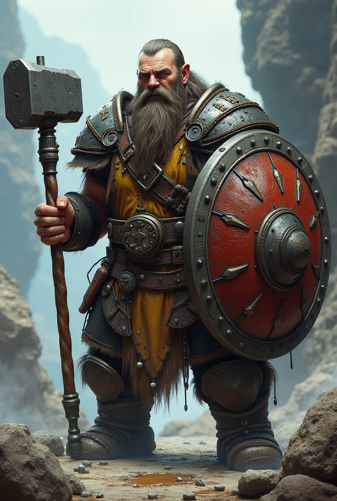 Hammer warrior dwarf has one hand and acorn-shaped shield