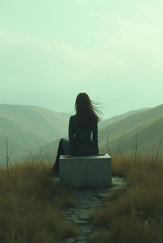 a woman sitting facing a small cenotaph on a windy hill