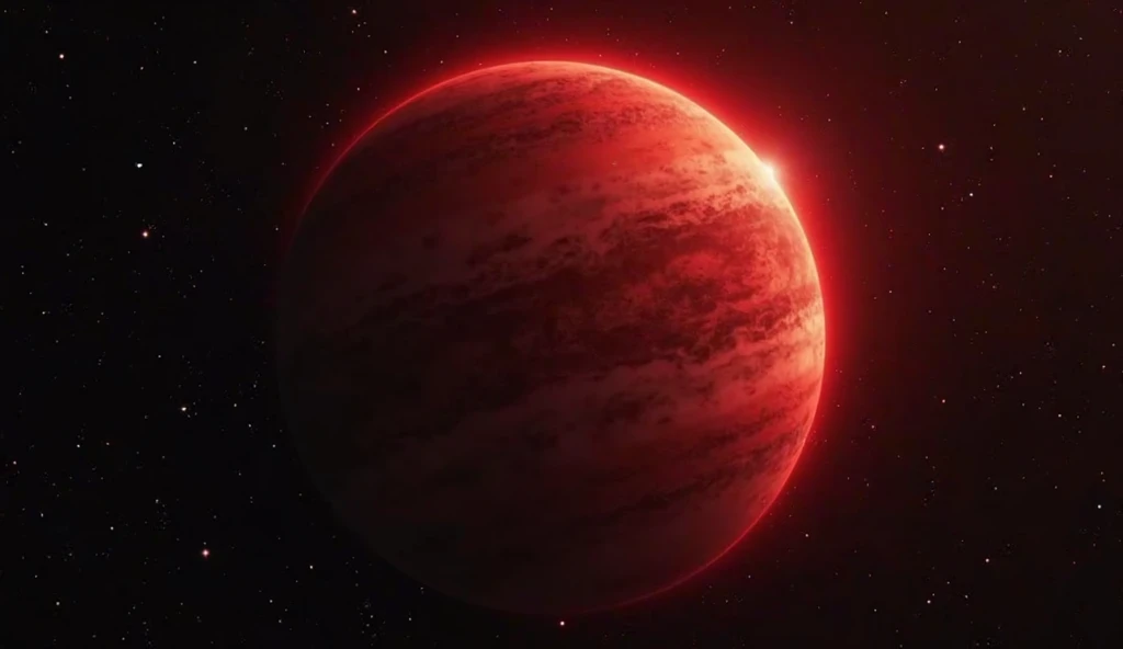 A massive planet, KX-47b, with a red swirling mist covering its surface, glowing faintly against a black starry background. The planet is huge, twice Earth's size, with a mysterious red light. Simple, sharp details, high quality