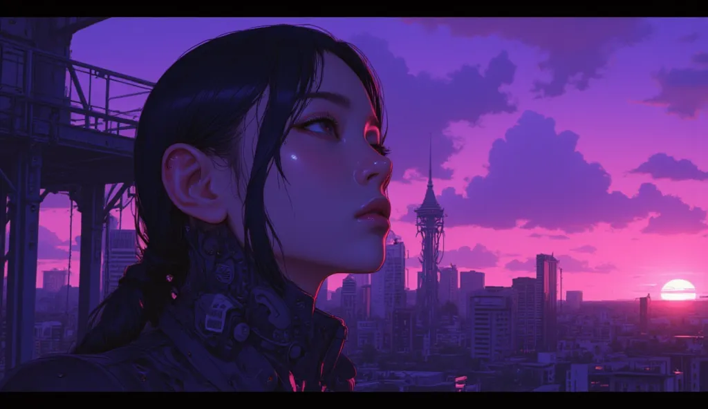 Highest quality　Ultra delicate　Japanese anime anime　 one pretty girl　　Strong shadows 　contrast after screen action 　サイバーpunk　punk 　Emotional　Sadness　sunset　Twilight　Purple　I'm staring at the sunset