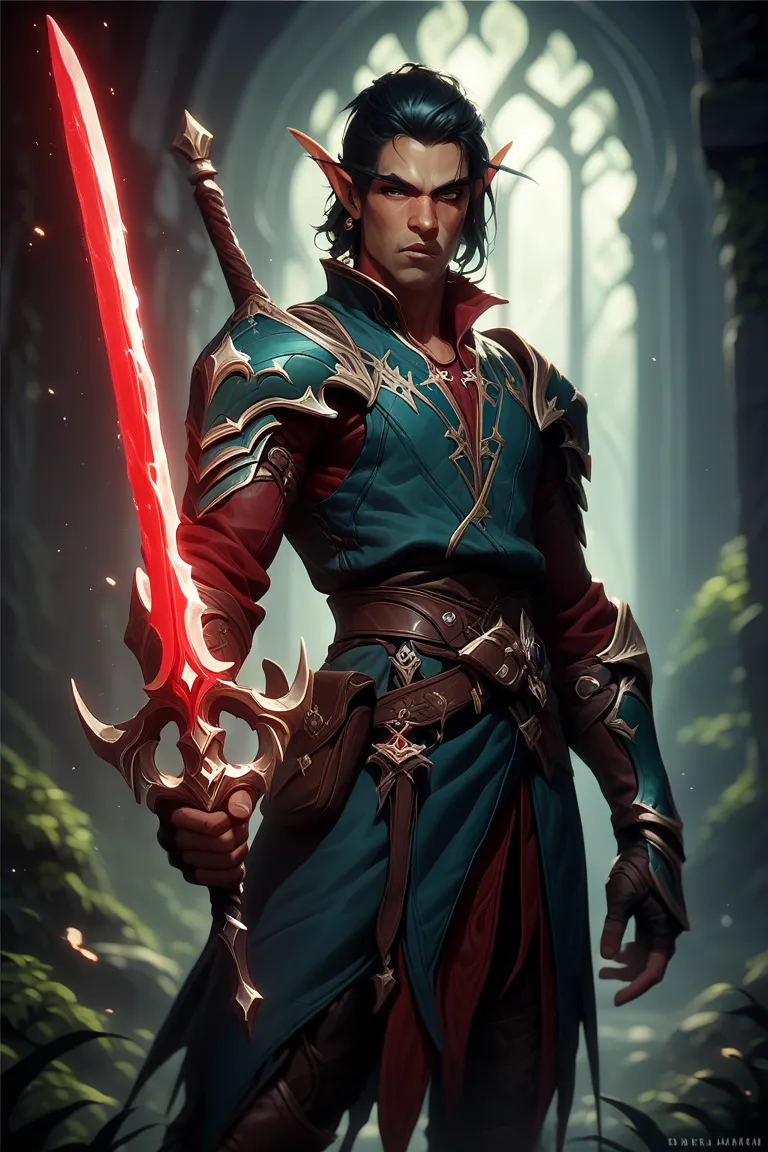 Dark Elf Warrior, male, teal armor, glowing red sword