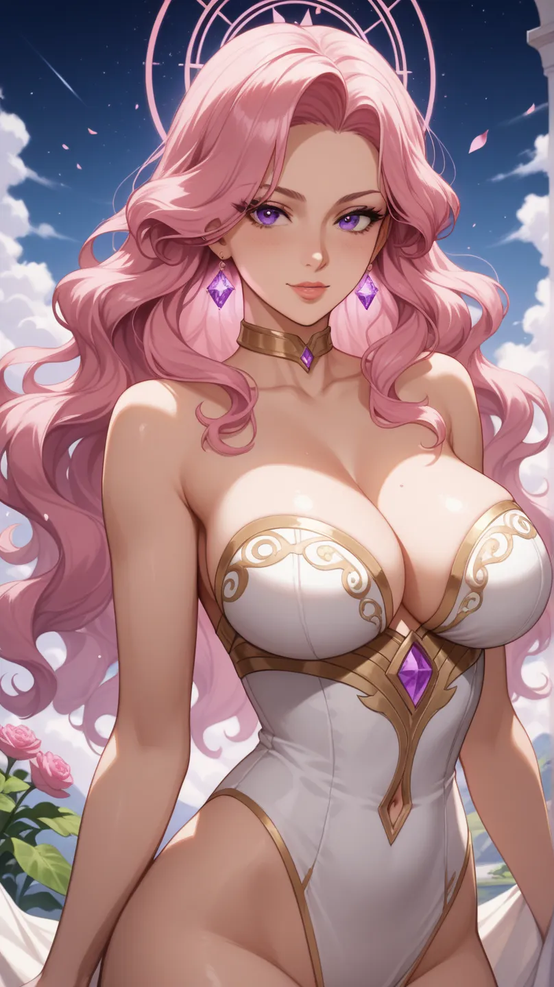  Woman with big breasts,pink hair purple eyes anime