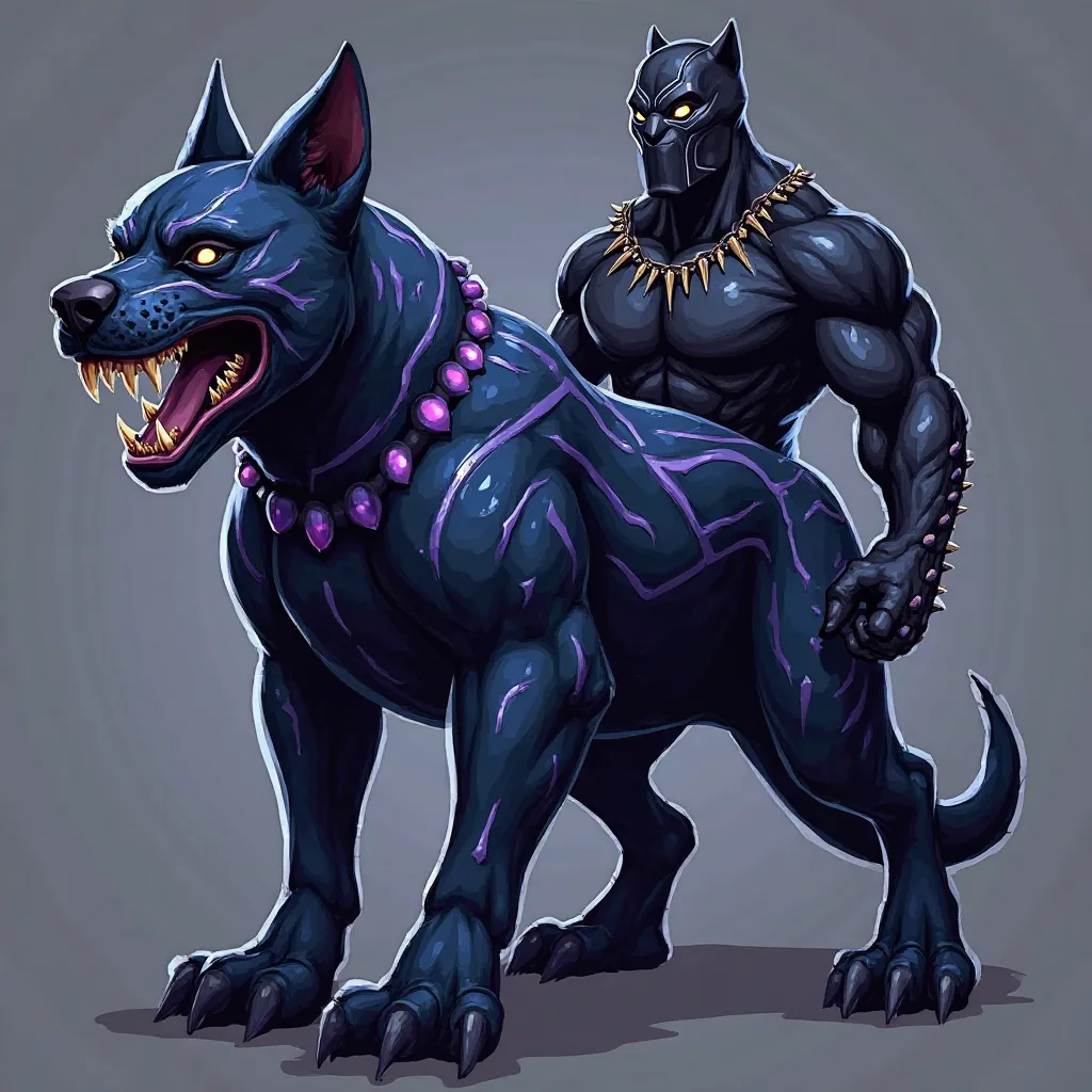 Black Panther-Themed Dangerous Dog:
A complete image of a dangerous sky-blue dog and Black Panther. The dog wears a sleek black vibranium suit with glowing purple tribal patterns. Its claws are extended as it growls, while Black Panther stands beside it, g...