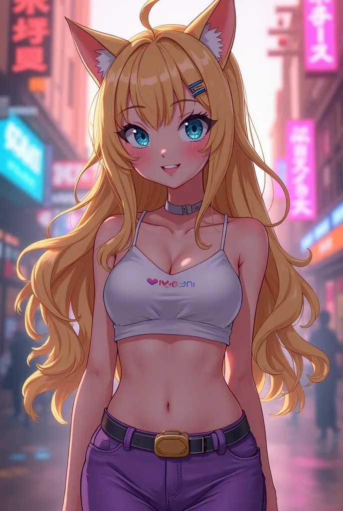 A beautiful anime girl with cat ears. She has long wavy blond hair, big expressive blue eyes and a playful smile. She wears a cropped white top with a heart-shaped neckline that reveals part of her skin and purple panties. A small tamagotchi keychain hangs...