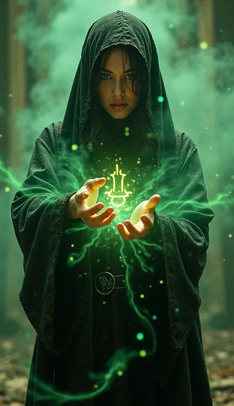 Photographie cinématographique ultra-réaliste en 16K hyper-détaillée, capturée avec une lentille futuriste projetant des faisceaux de lumière volumétriques doux et des reflets subtils. A female mage clad in torn black robe, attacking pose, green poisonous ...