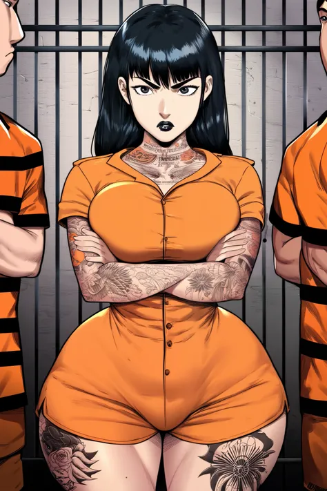 ((Beautyful girl,black hair,bangs,long black hair,black eyes,black lips,light-fair skin,wearing prisoner orange suit with short sleeves,orange prison shorts ,tattoo on her arms,wide hips,big breasts)),(((background behind prison bars,stand,crossing arms,se...