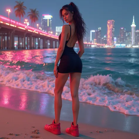 A very sexy Caucasian girl 19 years old posing on the beach, with Black dress, red Nike sneakers, vice City, rear view