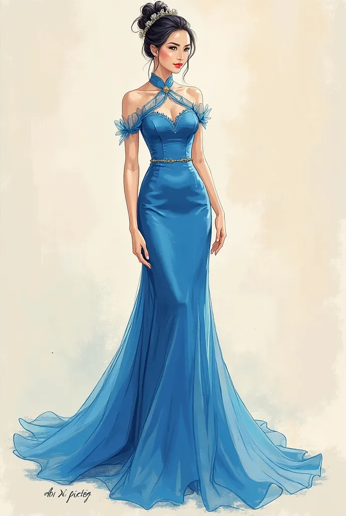 a woman in a blue dress posing for a picture, a sketch inspired by Dai Xi, trending on cg society, tachisme, wearing blue dress, wearing an evening gown, wearing a blue dress, in style of lam manh, wearing long gown, wearing a blue qipao dress, dressed in ...